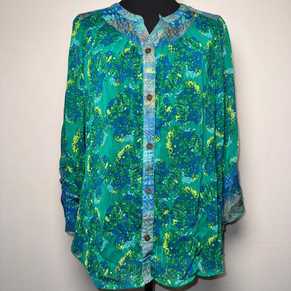 Figueroa & Flower Green Blue Abstract Floral Lurex Button Blouse AMA308 Medium